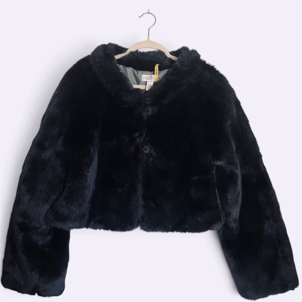 LOFT Ann Taylor Black Short Faux Fur Jacket Winter Coat Size XS Retro Old Money
